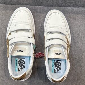Vans White Sneakers with Gold Accents Velcro Straps